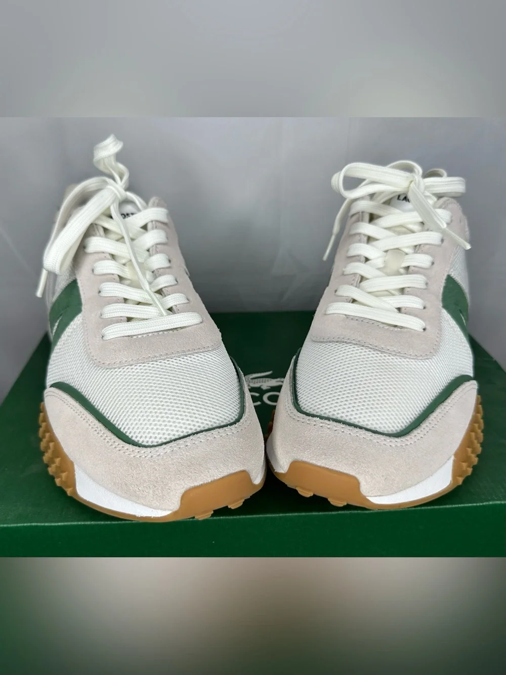 Lacoste White, Beige & Green Retro Runner Sneakers